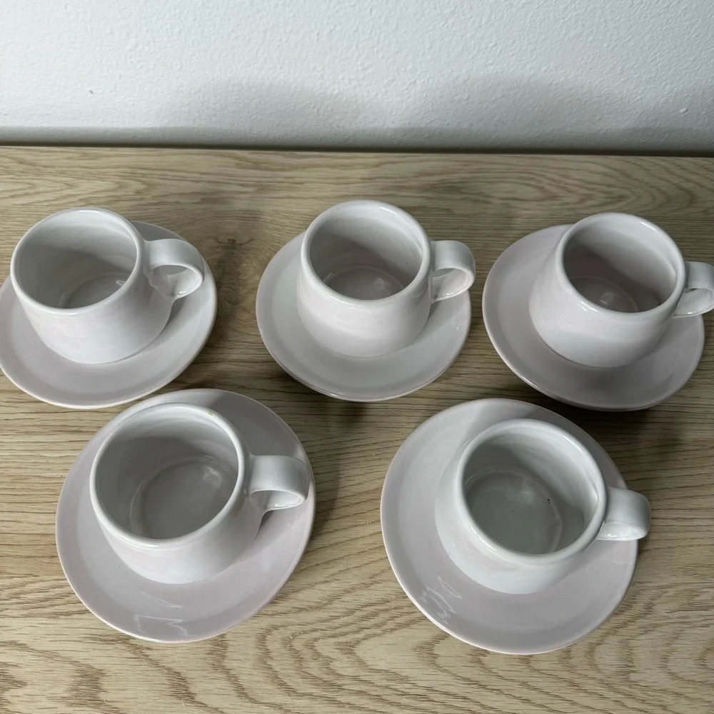 Set of‎ 5 Frankoma Bone White Cream Tea Cups and Saucers Handmade Art Pottery